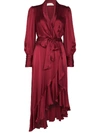 Zimmermann Asymmetric Ruffled Silk-satin Wrap Dress In Red