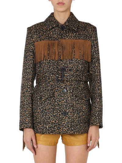 Saint Laurent Belted Fringed Leopard Wool-blend Jacquard Jacket In Black,brown,beige