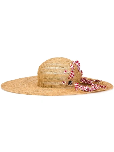 Maison Michel Checked Detail Distressed Straw Hat In Neutrals
