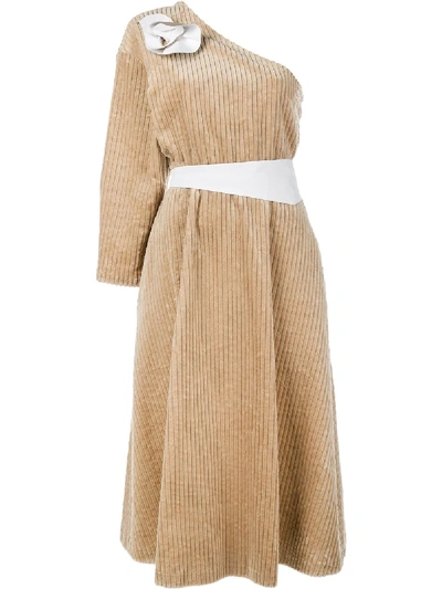 A.w.a.k.e. One Shoulder Corduroy Dress In Neutrals