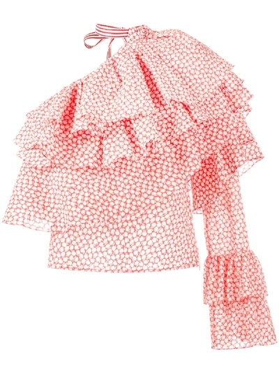 Rosie Assoulin Printed Ruffle One-shoulder Top In Red