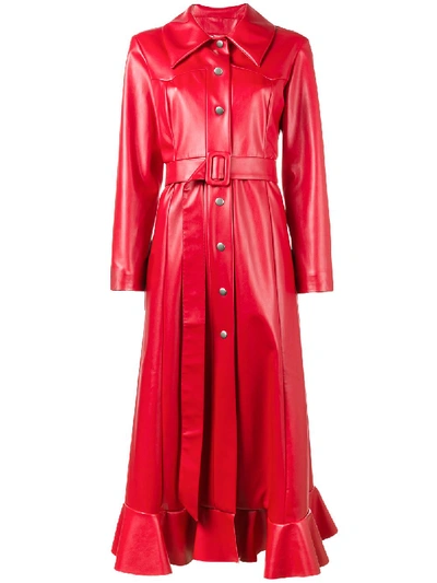 A.w.a.k.e. Ruffled Hem Faux Leather Coat In Red