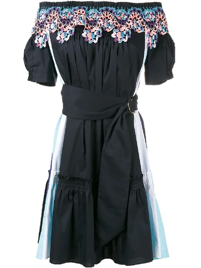 Peter Pilotto Black Off-shoulder Embroidered Day Dress In Blue