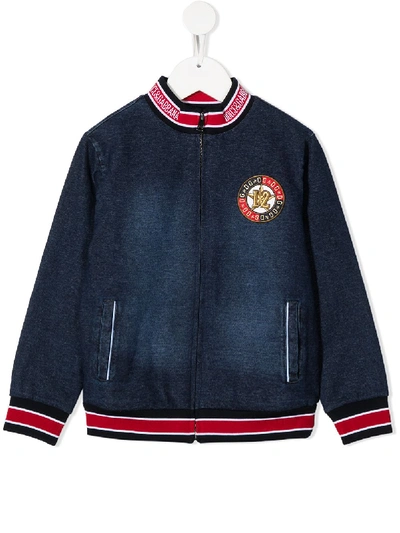 Dolce & Gabbana Kids' Jersey And Denim Zip-up Sweatshirt With Medal Patch In Blue