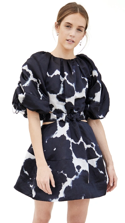 Aje Oxidised Puff-sleeved Cutout Linen-blend Dress In Navy