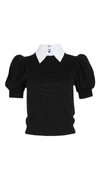 Alice And Olivia Chase Puff Sleeve Wool Blend Sweater With Removable Collar In Black/white