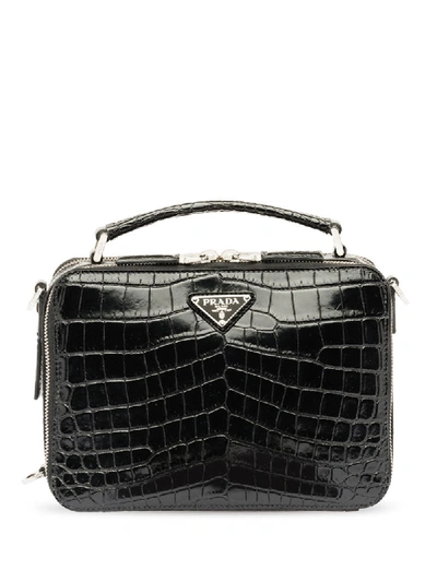Prada Embossed Crocodile Effect Messenger Bag In Black