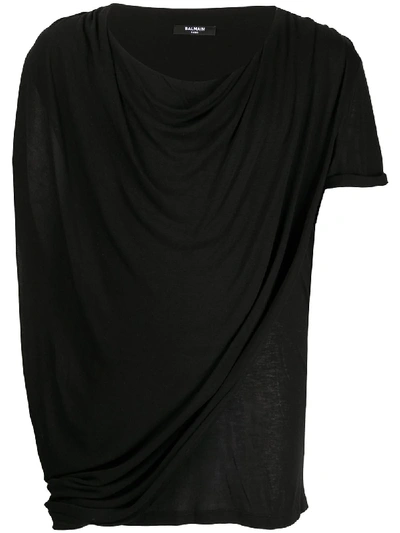 Balmain Asymmetric Draped Linen T-shirt In Noir