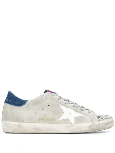 Golden Goose Superstar Denim-trimmed Distressed Snake-effect Leather And Suede Sneakers In Grey