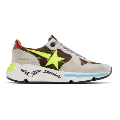 Golden Goose Running Sole Distressed Leather Trainers In Khaki,grey,yellow