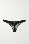 FLEUR DU MAL EMBROIDERED TULLE AND SILK-BLEND SATIN THONG