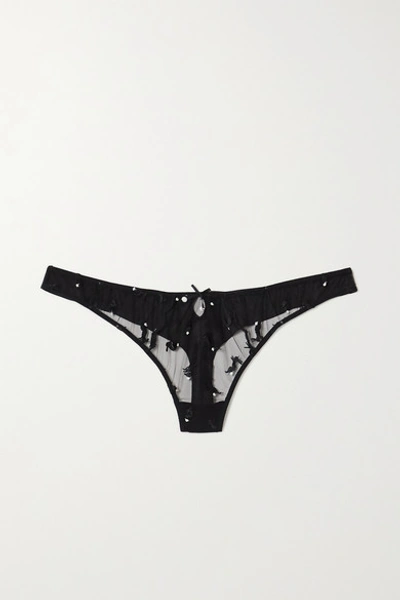 Fleur Du Mal Embroidered Tulle And Silk-blend Satin Thong In Black