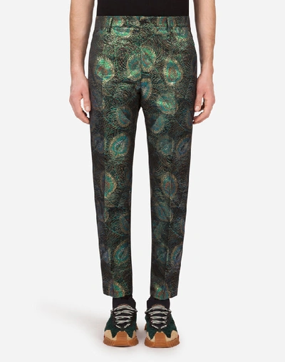 Dolce & Gabbana Jacquard Pants With Feather Design In Multicolor