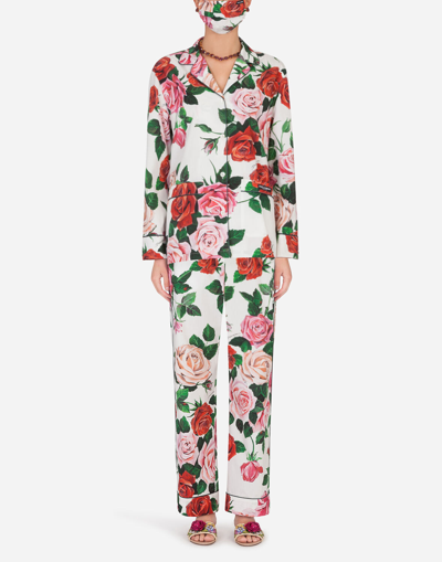 Dolce & Gabbana Rose-print Pajama Set With Matching Face Mask In Rose Print