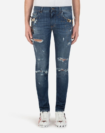 Dolce & Gabbana Skinny Stretch Jeans With Zipper In Blue