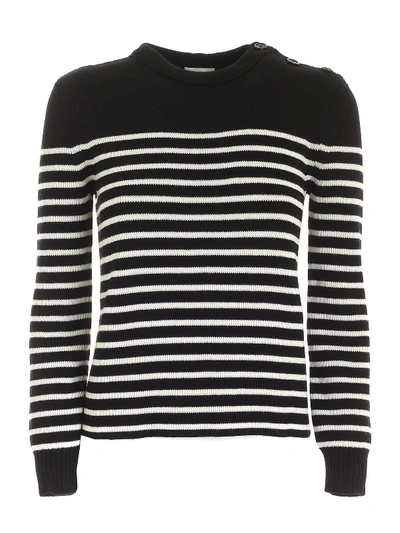 Saint Laurent Button-embellished Striped Cotton And Wool-blend Sweater In Black