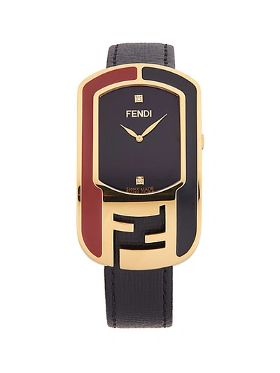 Fendi Goldtone Rectangular Dial, 0.009 Tcw Diamond Markers, & Navy Leather Strap Watch