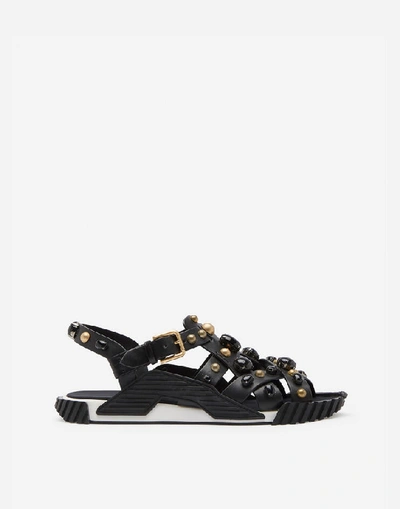 Dolce & Gabbana Ns1 Sandals In Cowhide With Stone Embroidery In Black