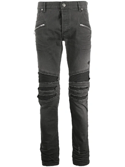 Balmain Grey Distressed Rib Panel Jeans