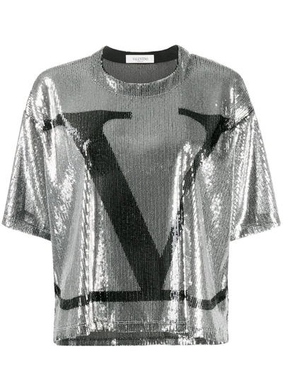 Valentino Embellished Logo T-shirt In Silver