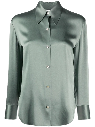 Vince Long-sleeved Fitted Silk Blouse In Green