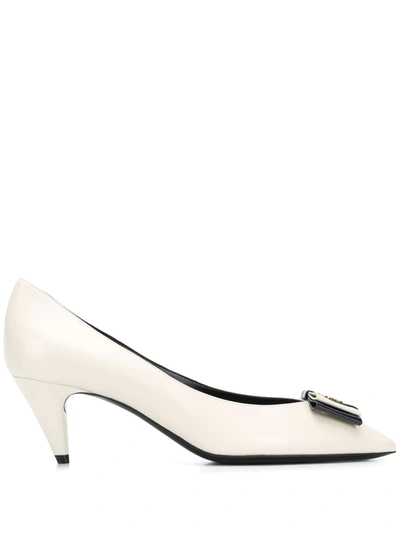 Saint Laurent Anai Ysl Bow Leather Pumps In Pearl Navy
