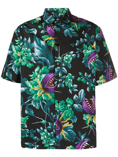 Msgm Tropical Print Shirt In Black,green,purple