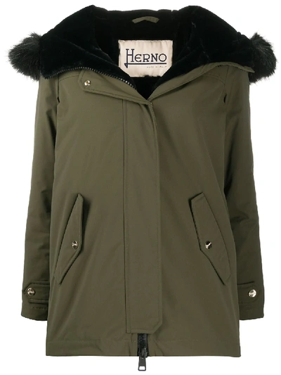 Herno Green Parka Coat With Faux Fur Hood