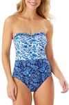 TOMMY BAHAMA WOODBLOCK RUFFLED BANDEAU ONE-PIECE SWIMSUIT,SS300301