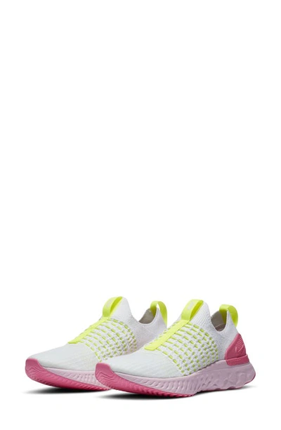 Nike Women's React Phantom Run Flyknit 2 Running Sneakers From Finish Line In White/ White/ Volt/ Pink Glow