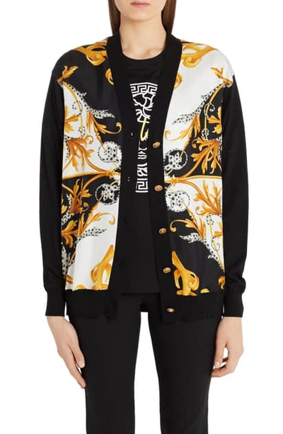 Versace Barocco Acanthus Print Silk Front Cardigan In White/ Black/ Gold