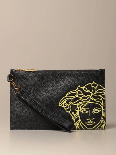 Versace Clutch Bag In Grained Leather With Medusa In Black
