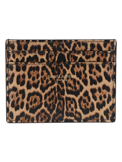 Saint Laurent Mini Leopard Print Leather Card Case In Toffee