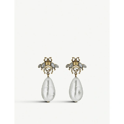 Gucci Bee Crystal Embellished And Drop Pearl Earrings