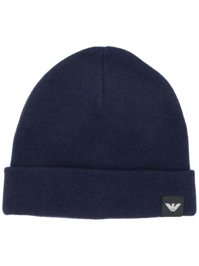 Emporio Armani Logo Patch Beanie In Blue