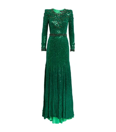 Jenny Packham Tenille Embellished Satin Gown In Forest Green