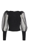 Alice And Olivia Abella Puff Sleeve Square Neck Sweater In Black/black