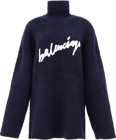 Balenciaga Oversized Embroidered Brushed-cotton Turtleneck Sweater In Blue