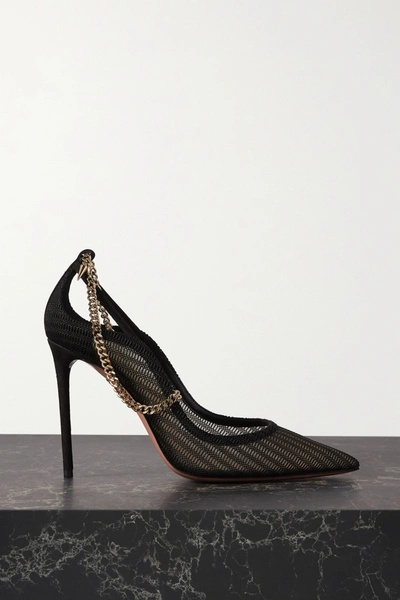 Aquazzura Bond Street 105 Chain-embellished Suede And Mesh Pumps In Black
