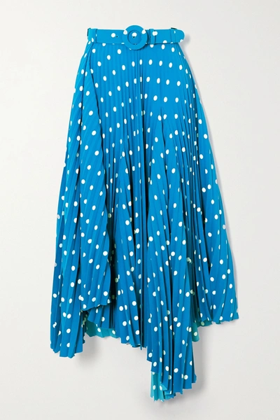 Balenciaga Belted Asymmetric Pleated Polka-dot Crepe Midi Skirt In Blue