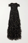 MARCHESA NOTTE OFF-THE-SHOULDER RUFFLED POLKA-DOT SEQUINED TULLE GOWN