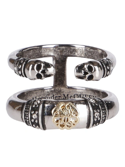 Alexander Mcqueen Skull And Charm Seal Double Ring In Silver