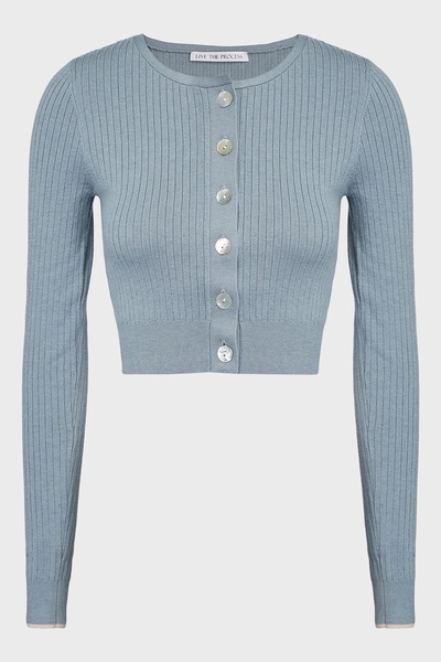 Live The Process Light Blue Cropped Ribbed-knit Cardigan