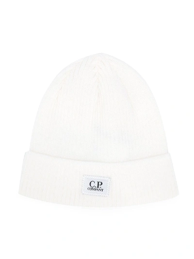 C.p. Company Kids' Logo Patch Beanie In White