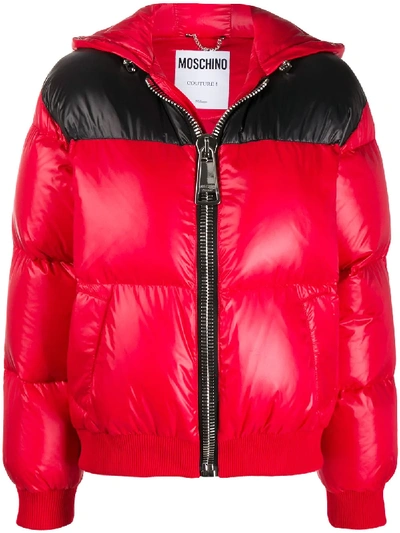 Moschino Zipped Logo Print Puffer Jacket In Red