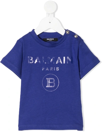 Balmain Babies' Faded Logo Print T-shirt In Blue