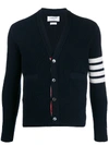 Thom Browne Jersey Stitch Relaxed Fit V Neck Cardigan In Fine Merino Wool With 4 Bar Stripes In Blue