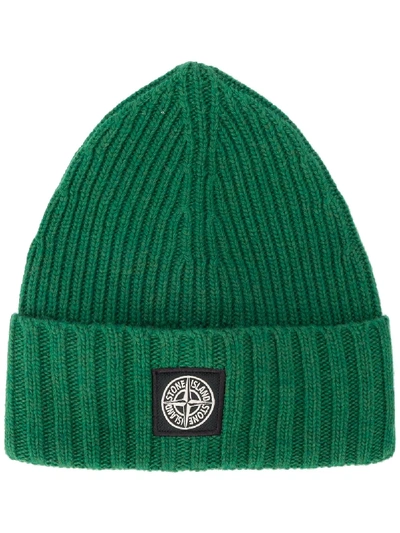 Stone Island Kids' Gerippte Beanie Mit Logo-patch In Green