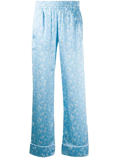 Ganni Printed Silk-satin Straight-leg Trousers In Blue