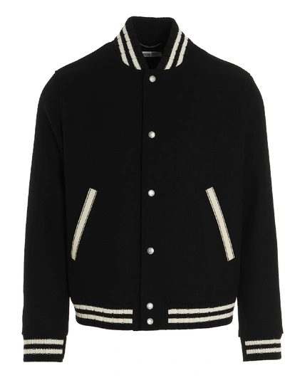 Saint Laurent Teddy Logo Patch Wool Blend Bomber Jacket In Noir